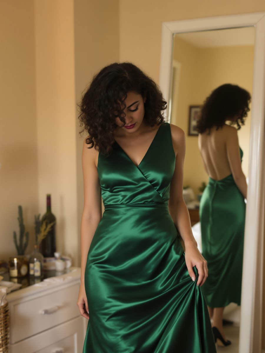 Creator in a green satin dress checking the fit in a bedroom mirror