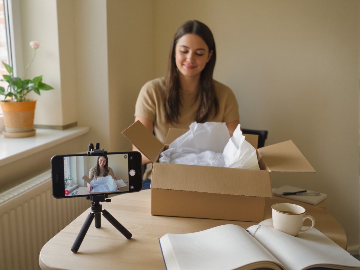 A woman at a kitchen table opening a parcel while her phone films it on a tripod