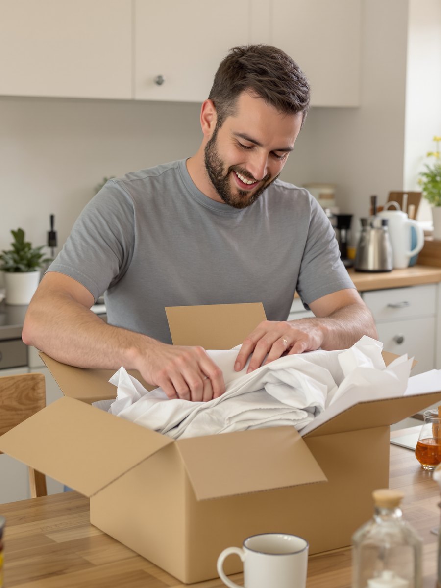 Creator lifting a garment out of an open parcel at a kitchen table