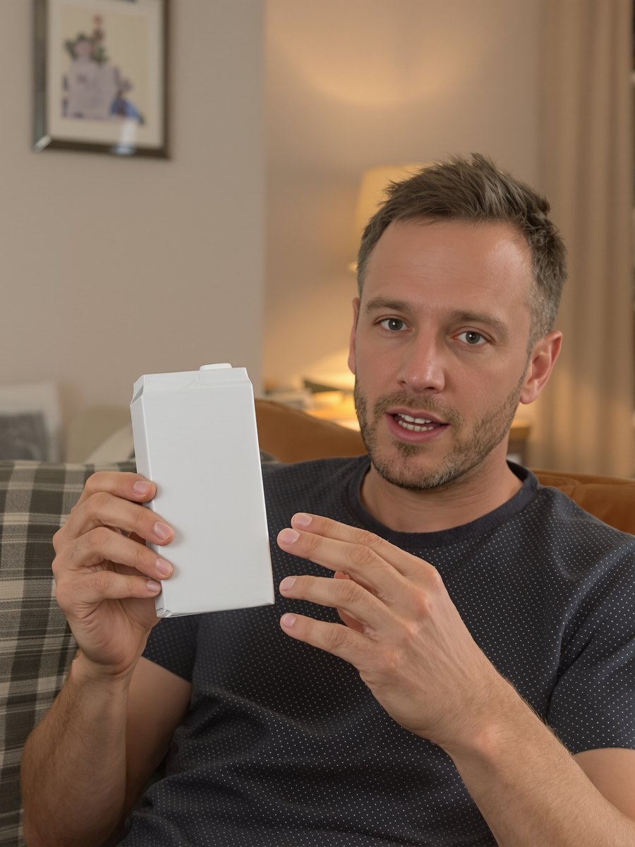 Creator on a sofa holding a supplement carton and talking to camera
