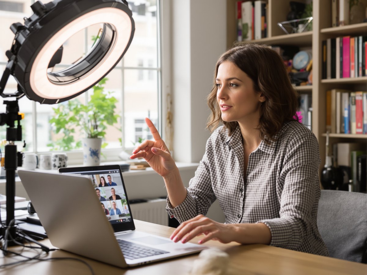 A woman at a desk talking on a video call, other people's faces on the laptop screen