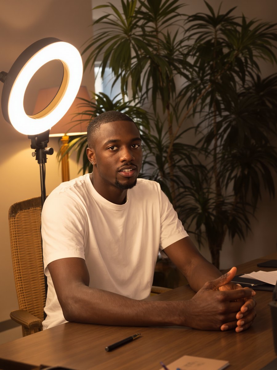 Creator at a desk with a ring light, talking to camera