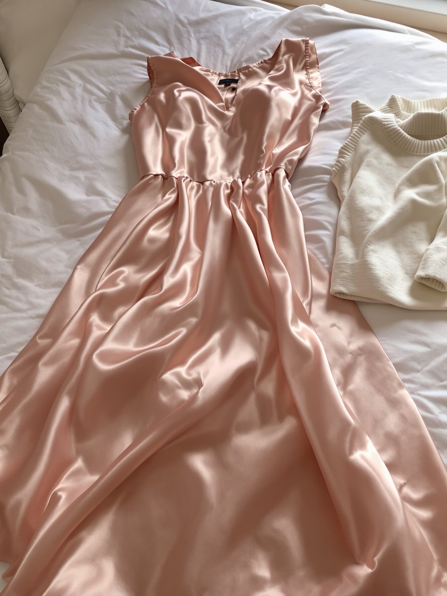 A pink satin dress laid out on a bed beside a folded jumper