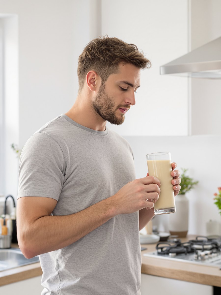 Creator in a kitchen with a glass of mixed supplement drink